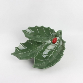 CERAMIC CHRISTMAS GREEN LEAF PLATE