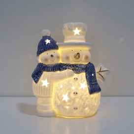 CERAMIC SNOWMAN ORNAMENT WITH LED AND BULE HAT
