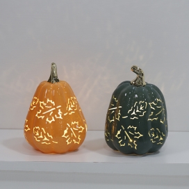 CERAMIC PUMPKIN WITH LED--ORANGE/GREEN COLOR