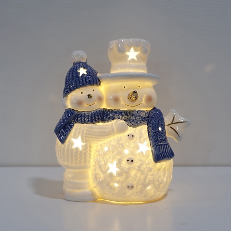 CERAMIC SNOWMAN ORNAMENT WITH LED AND BULE HAT