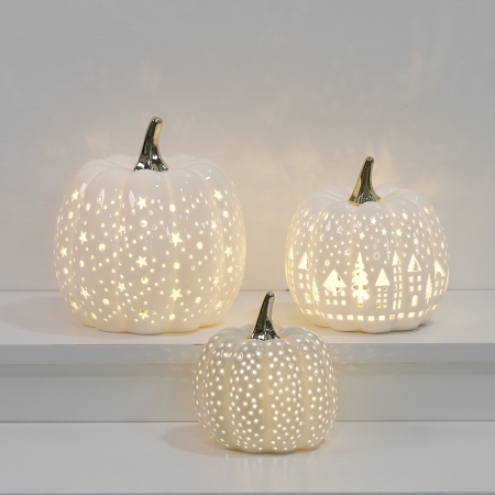CERAMIC PUMPKIN WITH LED WHITE COLOR--STAR.TREE,DOT