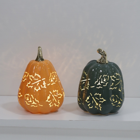 CERAMIC PUMPKIN WITH LED--ORANGE/GREEN COLOR