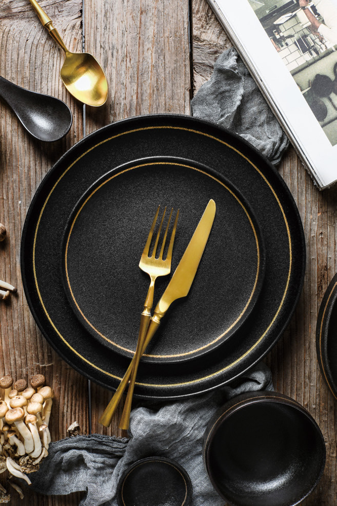 CERAMIC KITCHEN WARE SET---BLACK ADD GOLD LINE