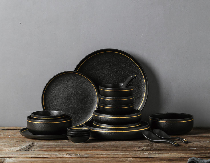 CERAMIC KITCHEN WARE SET---BLACK ADD GOLD LINE